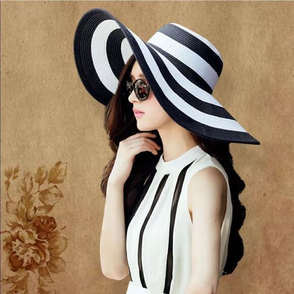 SUPER CHIC Striped Wide Brim UV Protection Summer Beach Sun Hat Adjustable - Picture 8 of 11